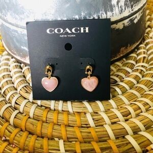 Coach Pink Heart Dangle Earrings Gold Tone Signature NWT